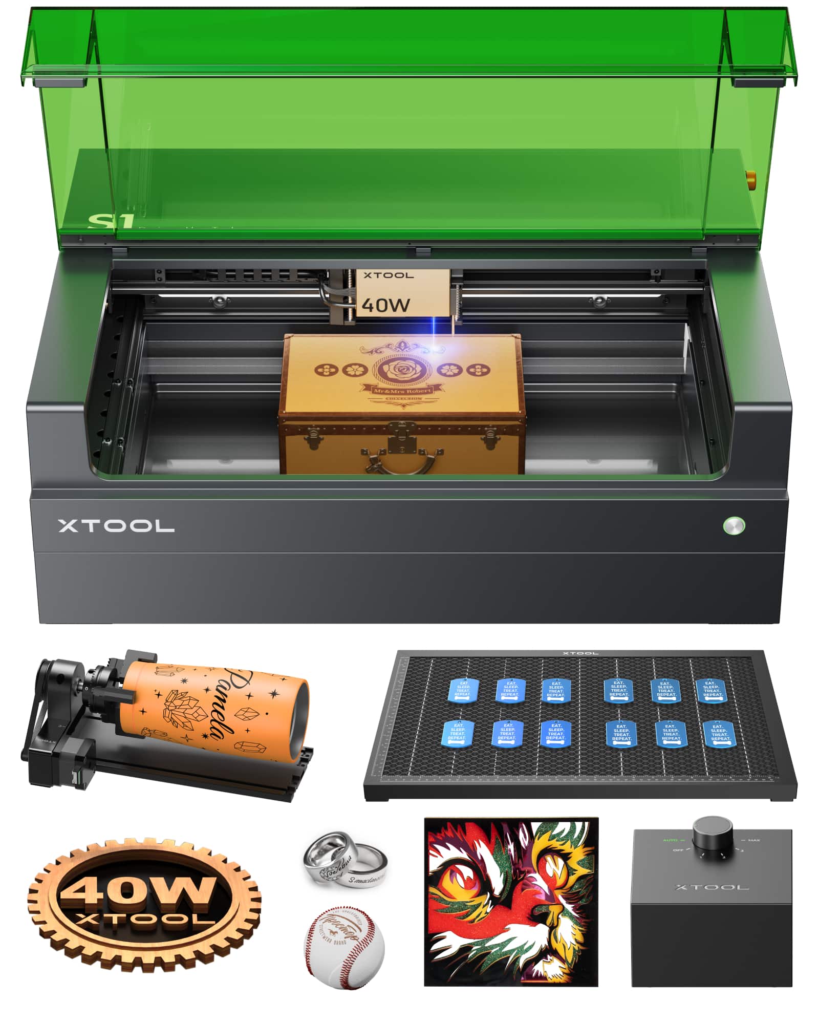 xTool - S1 40W Laser Cutter and Laser Engraver for Tumblers, 23.93" x 15.16" Bed Size, 600mm/s Speed, Rotary Bundle