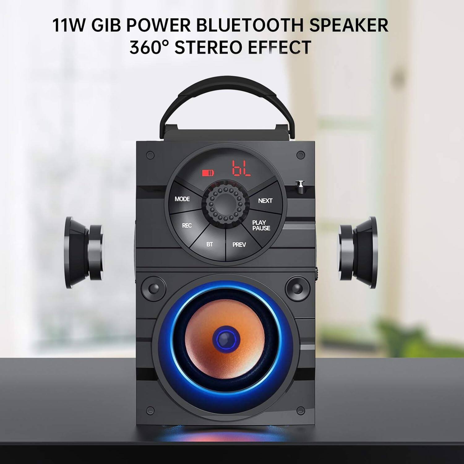 11W GIB POWER BLUETOOTH SPEAKER  
360° STEREO EFFECT  

- MODE  
- REC  
- BT  
- PREV  
- PLAY PAUSE  
- NEXT  
- 64L