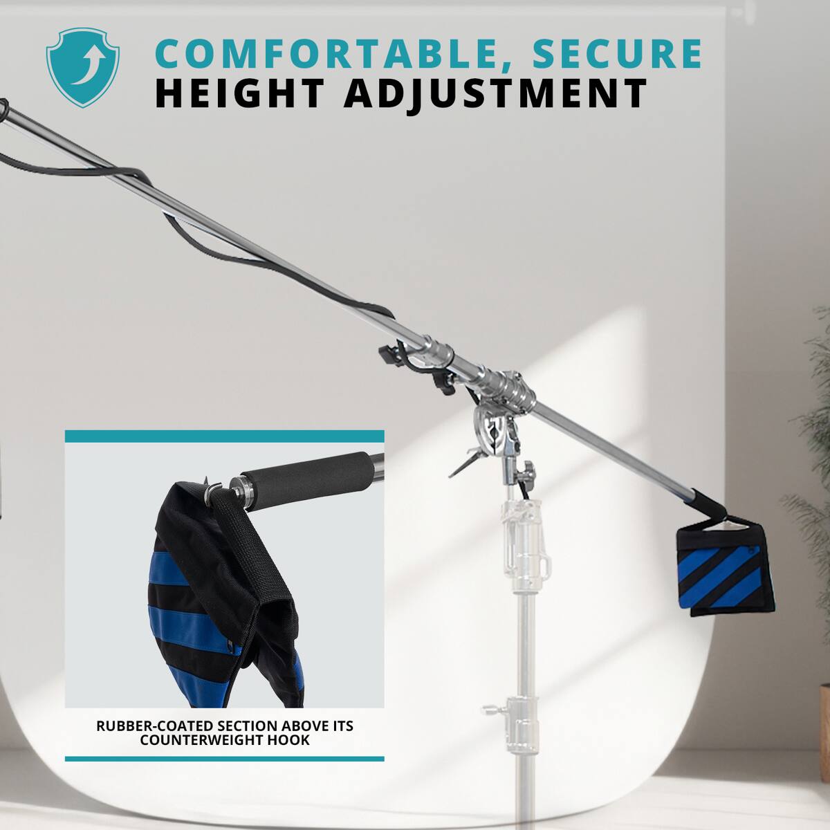 COMFORTABLE, SECURE HEIGHT ADJUSTMENT  
RUBBER-COATED SECTION ABOVE ITS COUNTERWEIGHT HOOK