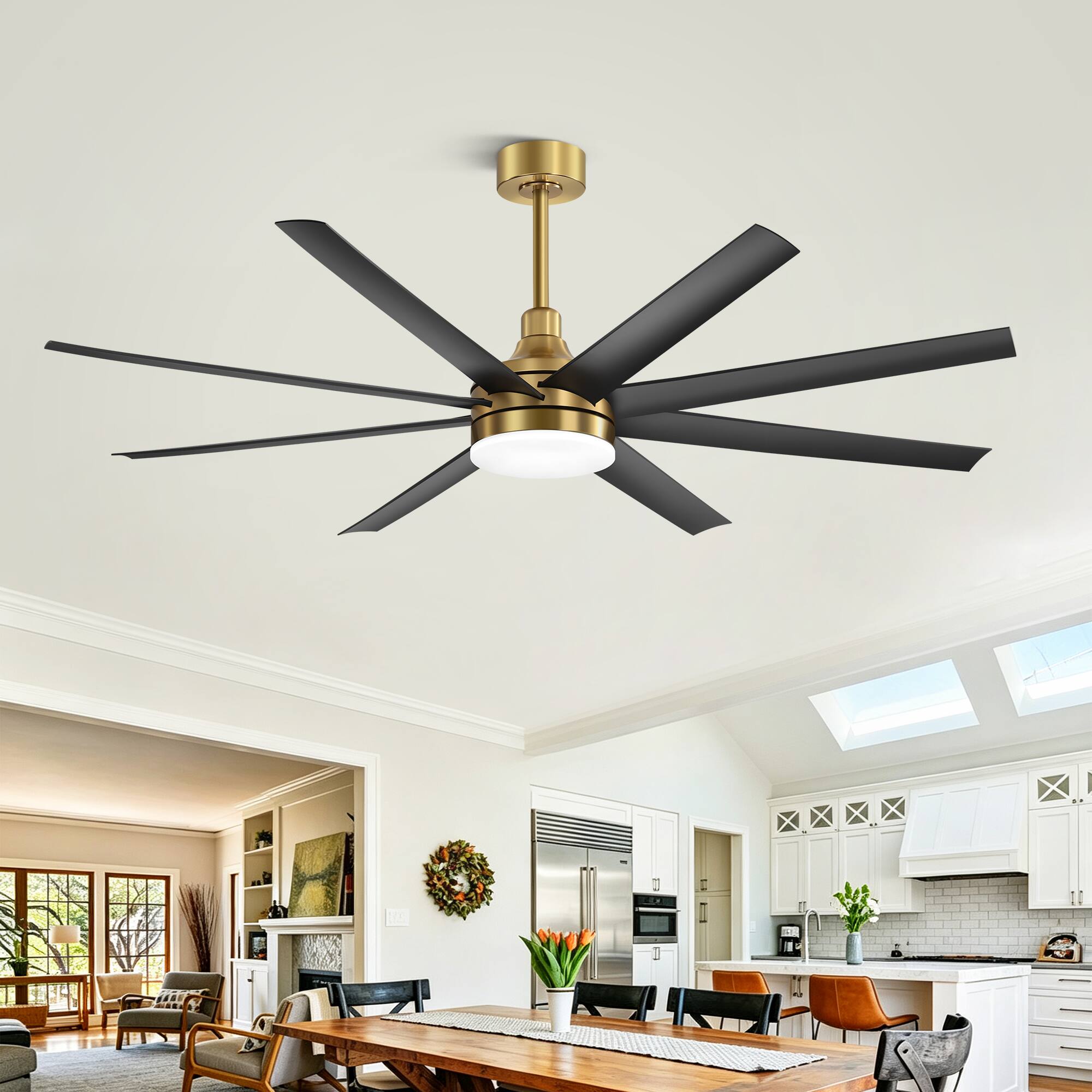 Alt View 2. Breezary - 65-Inch Ceiling Fan with 8 ABS Blades, 6-Speed DC Motor, Remote Control with Timer, 2 Downrods, Light/No-Light Options - Gold and Black (With Light).