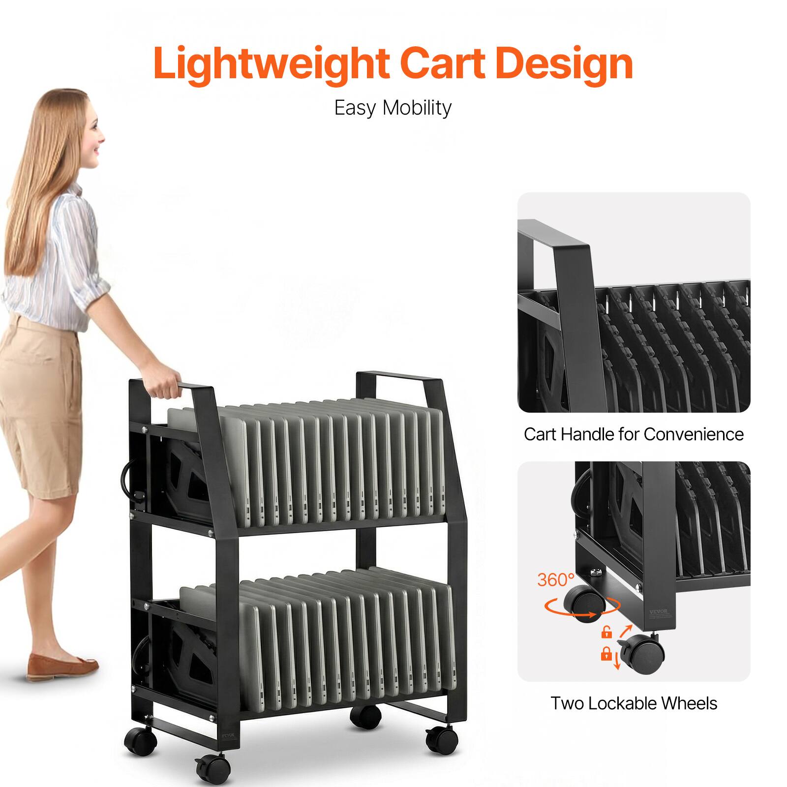 Lightweight Cart Design  
Easy Mobility  

Cart Handle for Convenience  

360°  

Two Lockable Wheels