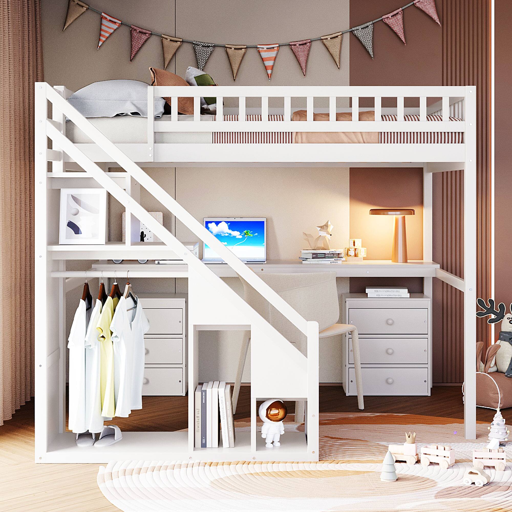 Front. Anysun - Full Size Loft Bed with Two Chest of Drawers, Desk and Light Strip - White.