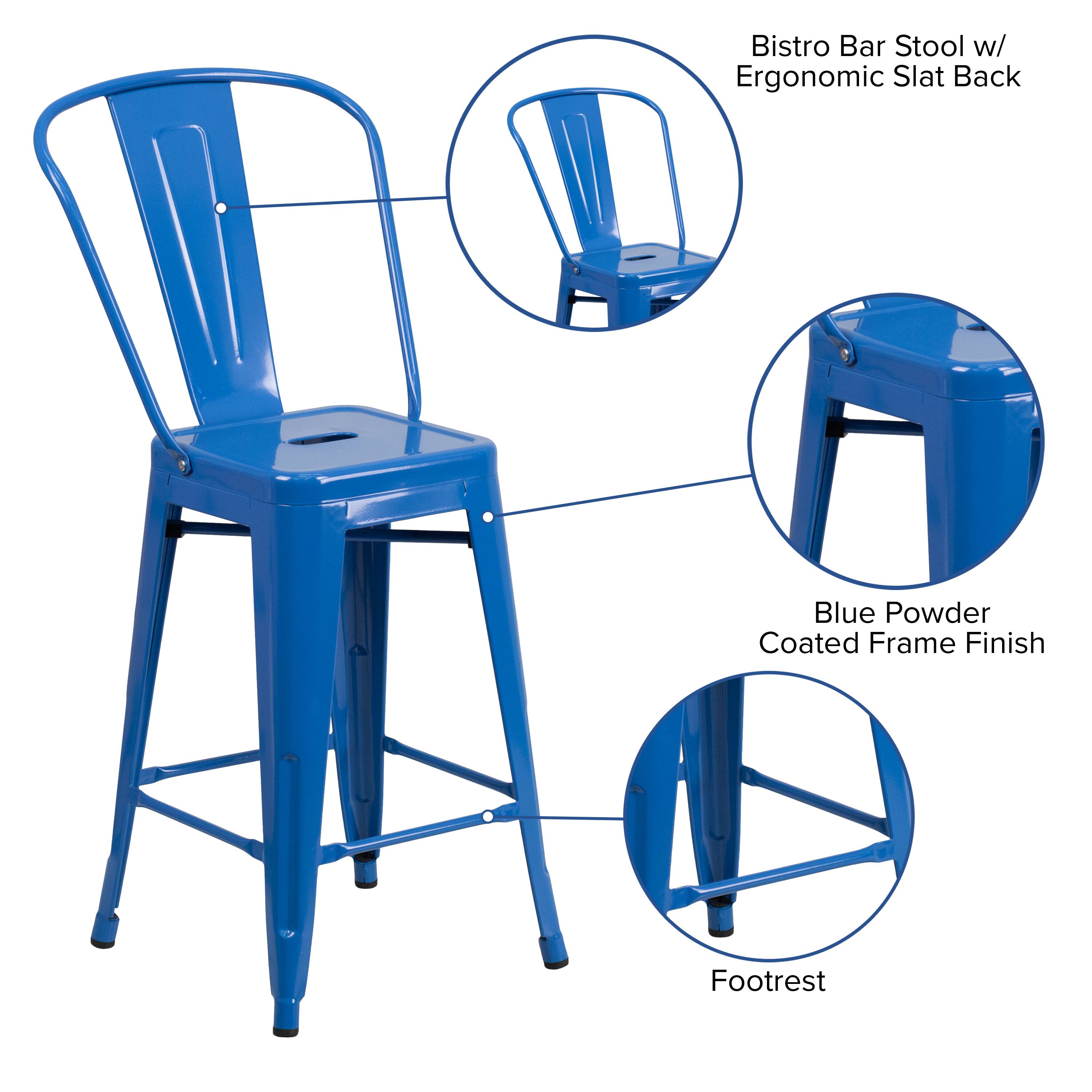 Bistro Bar Stool w/ Ergonomic Slat Back  
Blue Powder Coated Frame Finish  
Footrest