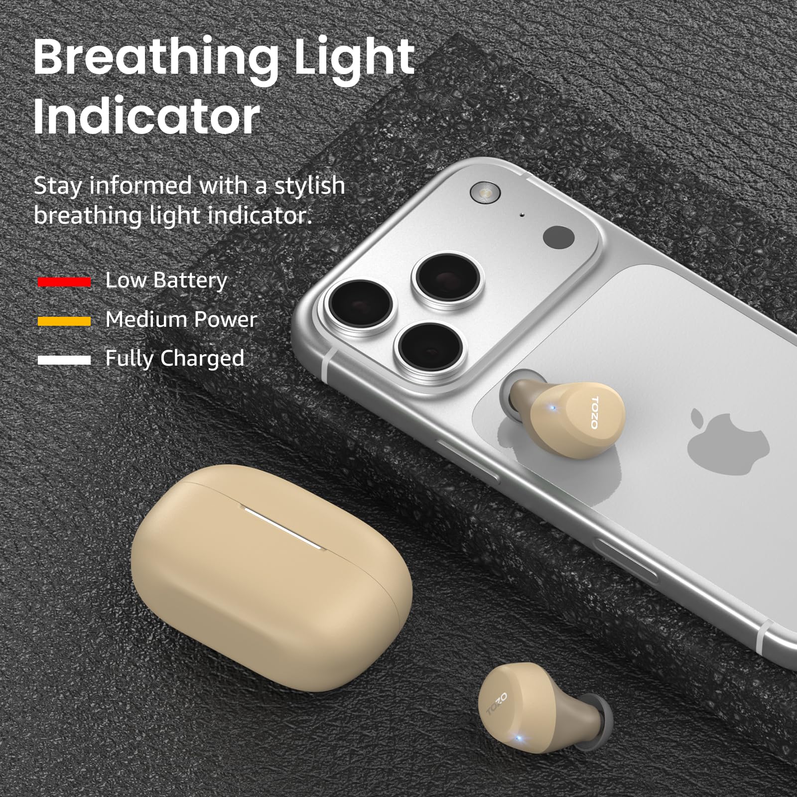 Breathing Light Indicator

Stay informed with a stylish breathing light indicator:

- Low Battery
- Medium Power
- Fully Charged

TOZO