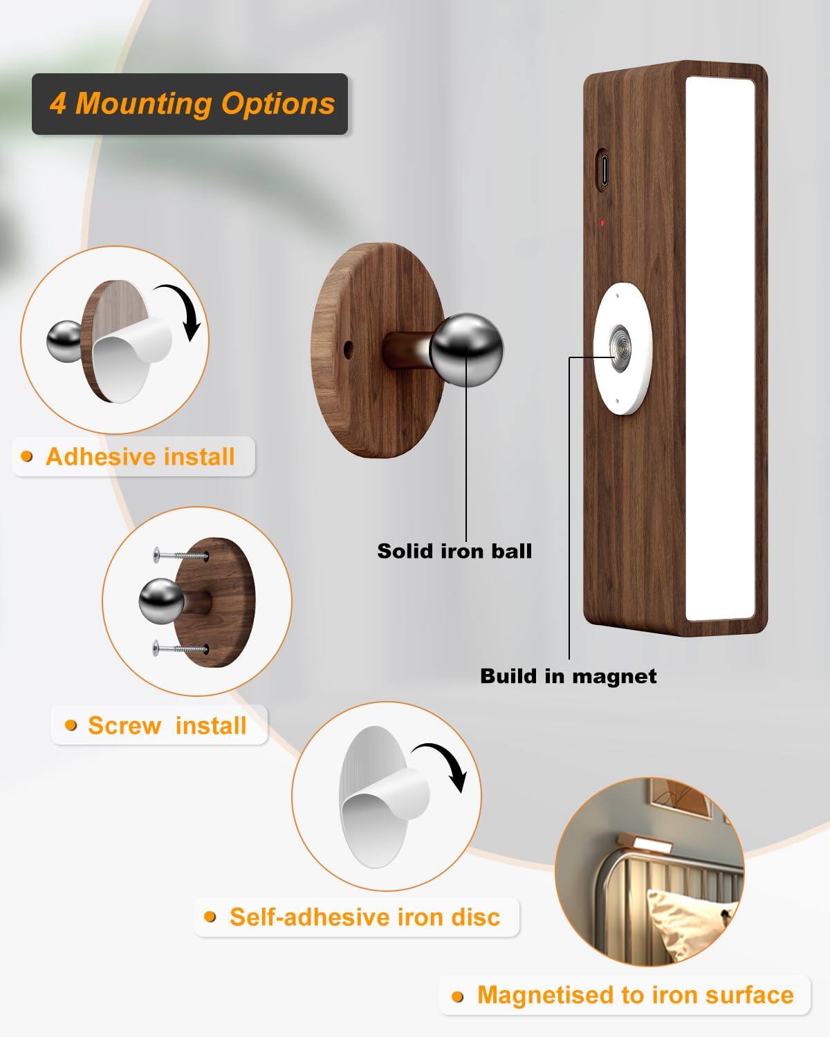 4 Mounting Options

- Adhesive install
- Screw install
- Self-adhesive iron disc
- Magnetised to iron surface

Solid iron ball
Build in magnet