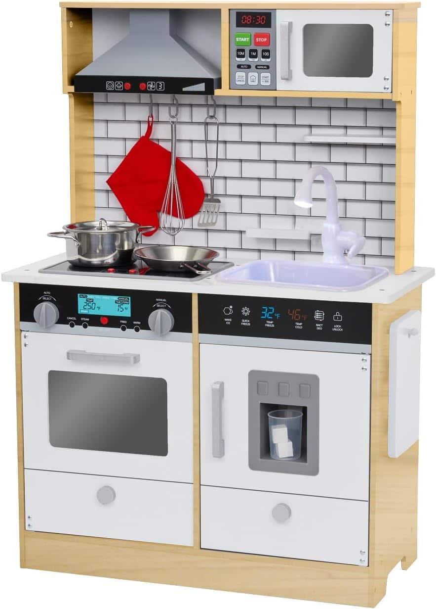 Lil' Jumbl - Small Kids Kitchen Playset, Pretend Kids Wooden Kitchen with Stovetop, Oven & More - Natural