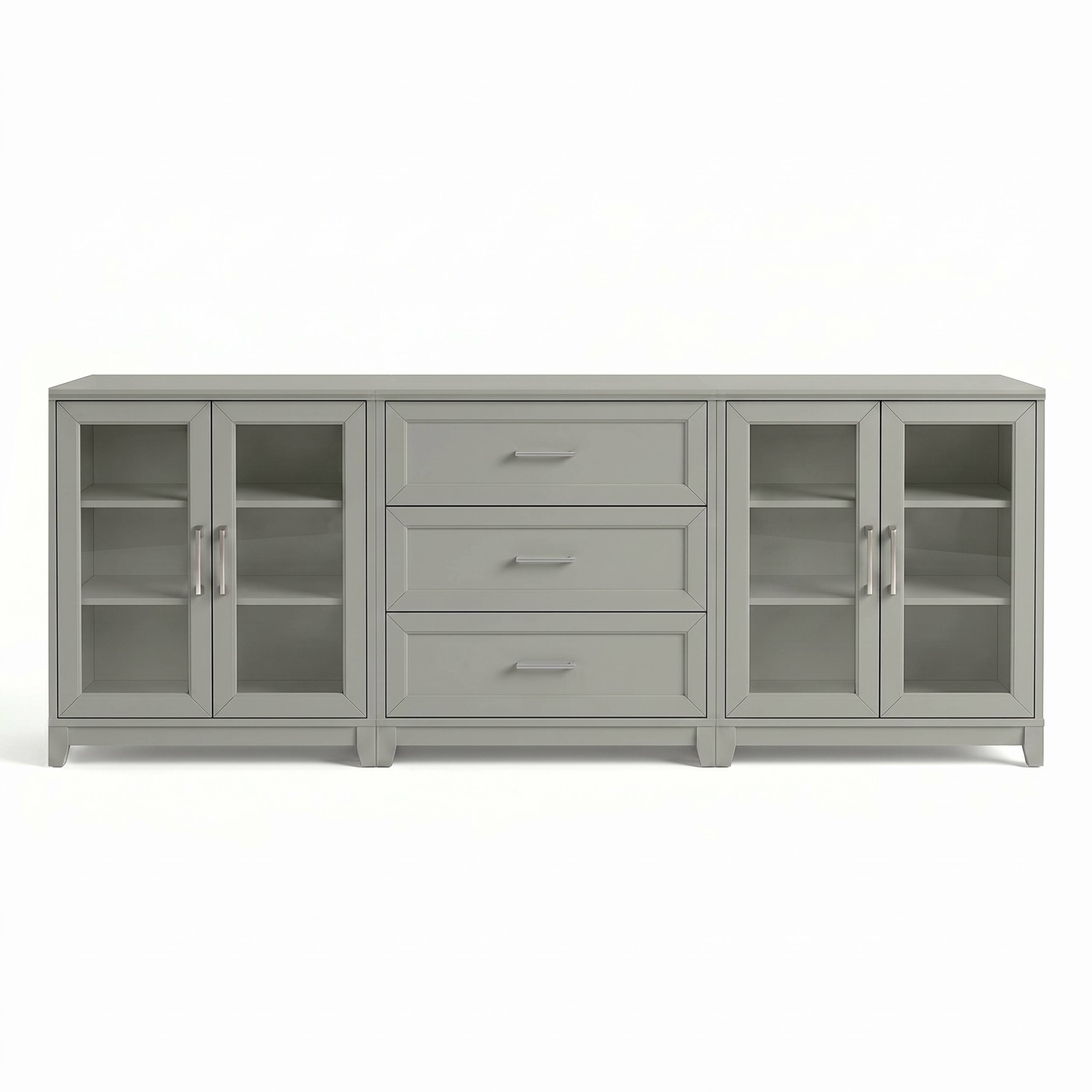 Alt View 1. Martha Stewart - Bedford 2-Piece Modular Cabinet and 3-Drawer Base Cabinet Set with Premium Hardware, Soft-Close Glass Doors - Bedford Gray/Brushed Stainless Steel Hardware.