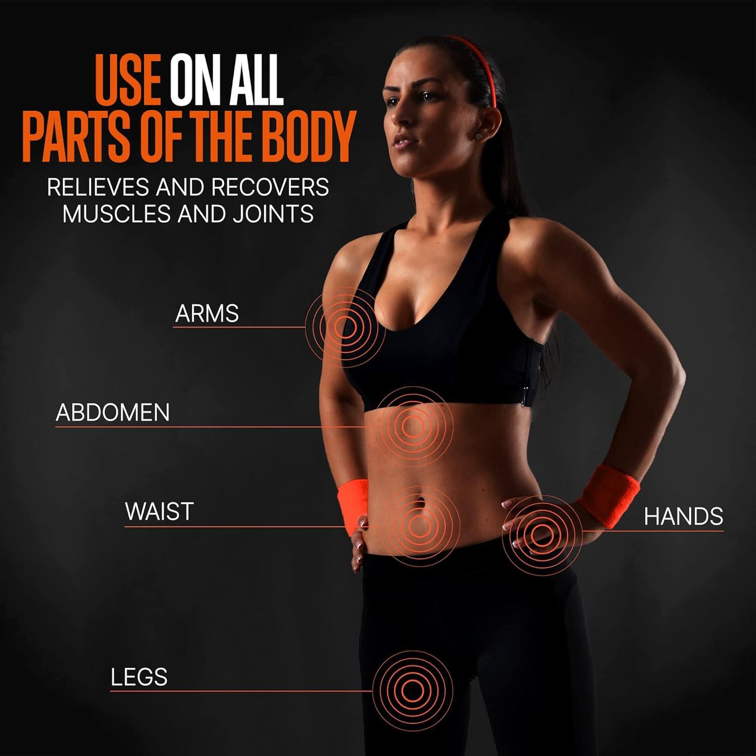 USE ON ALL PARTS OF THE BODY  
RELIEVES AND RECOVERS MUSCLES AND JOINTS  

ARMS  
ABDOMEN  
WAIST  
HANDS  
LEGS