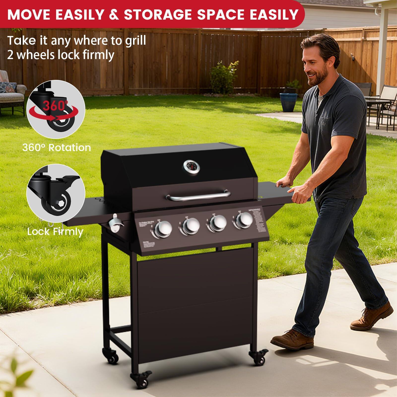 MOVE EASILY & STORAGE SPACE EASILY

Take it any where to grill  
2 wheels lock firmly

360° Rotation  
Lock Firmly