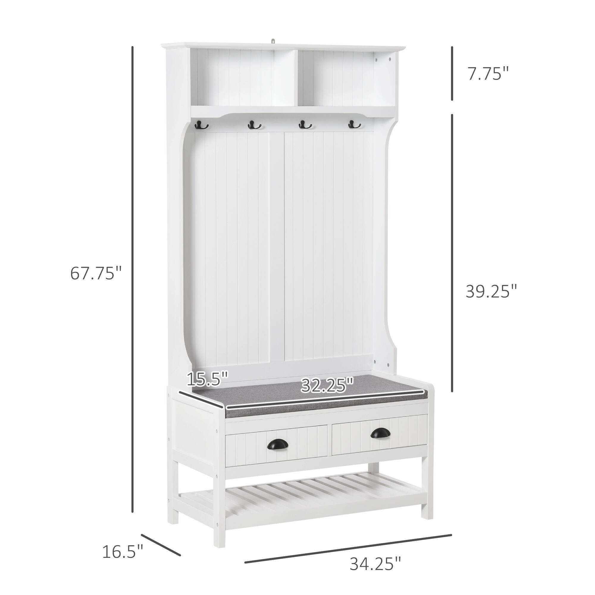 The text on the image is the dimensions of the cabinet. The dimensions are:

- Height: 67.75"
- Width: 34.25"
- Depth: 39.25"
- Top shelf height: 15.5"
- Drawer height: 32.25"
- Base height: 16.5"
- Top shelf width: 7.75"