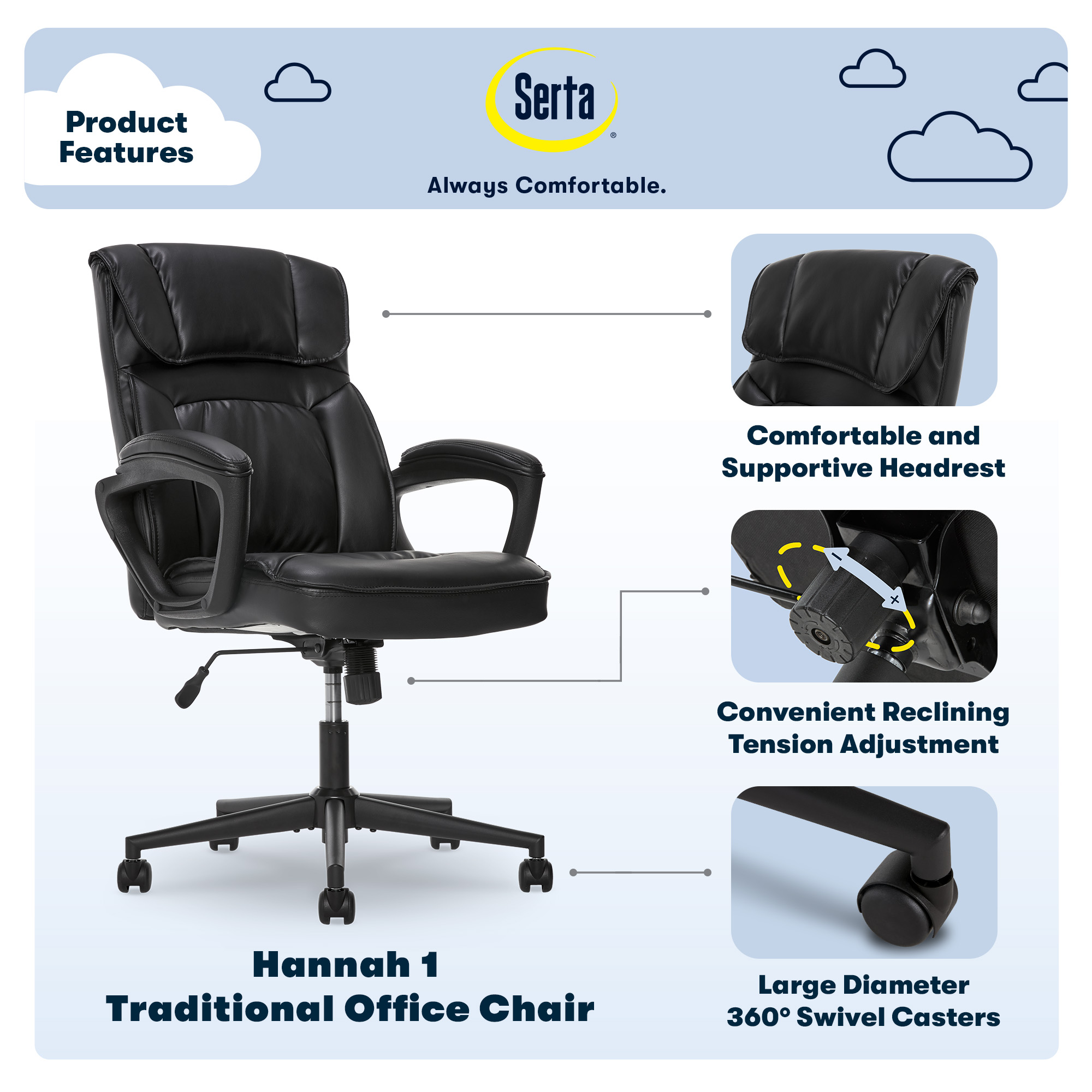 Angle View: Serta - Hannah Upholstered Executive Office Chair - Smooth Bonded Leather - Black