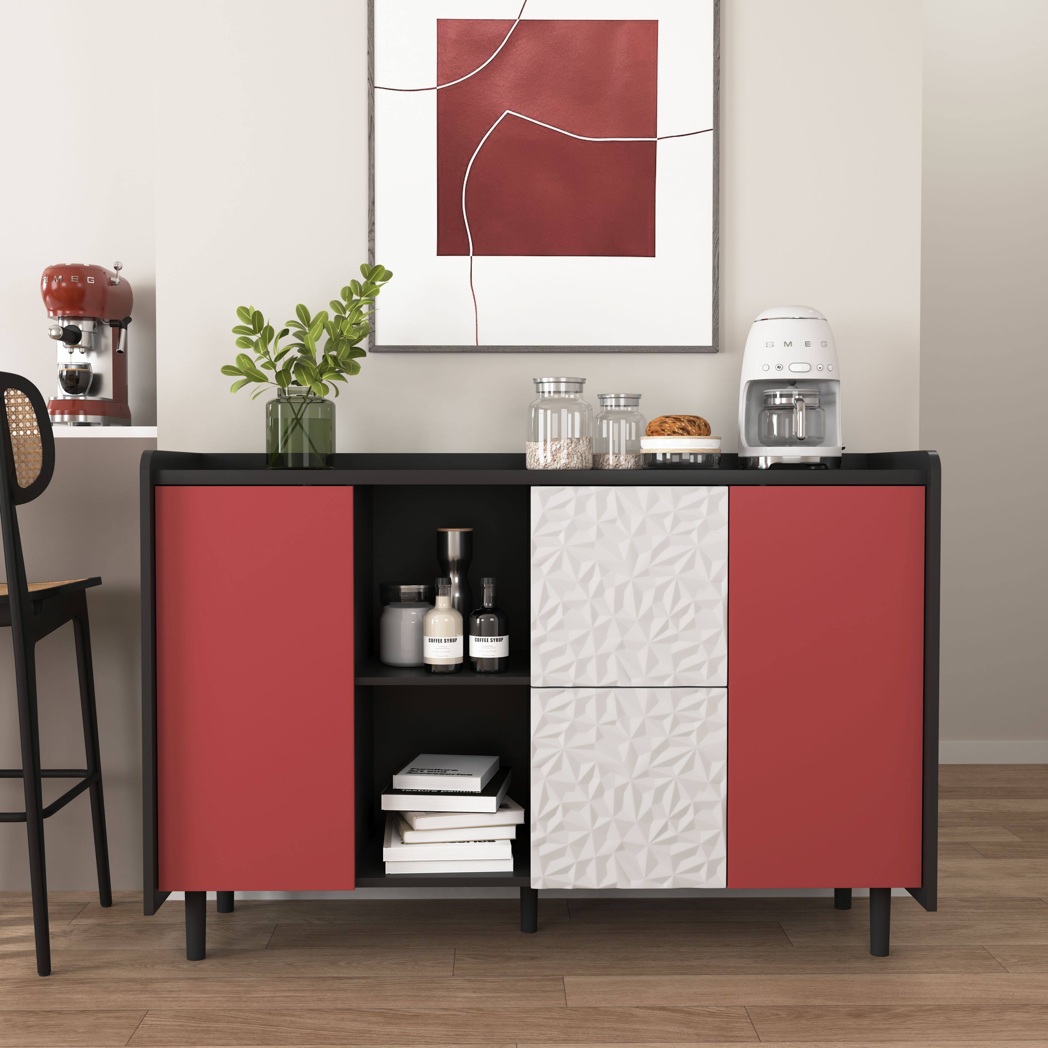 Mirfee - Sideboard Buffet Cabinet with Red Doors, 2 Drawers, Open Storage, for Kitchen Dining - Black+Red