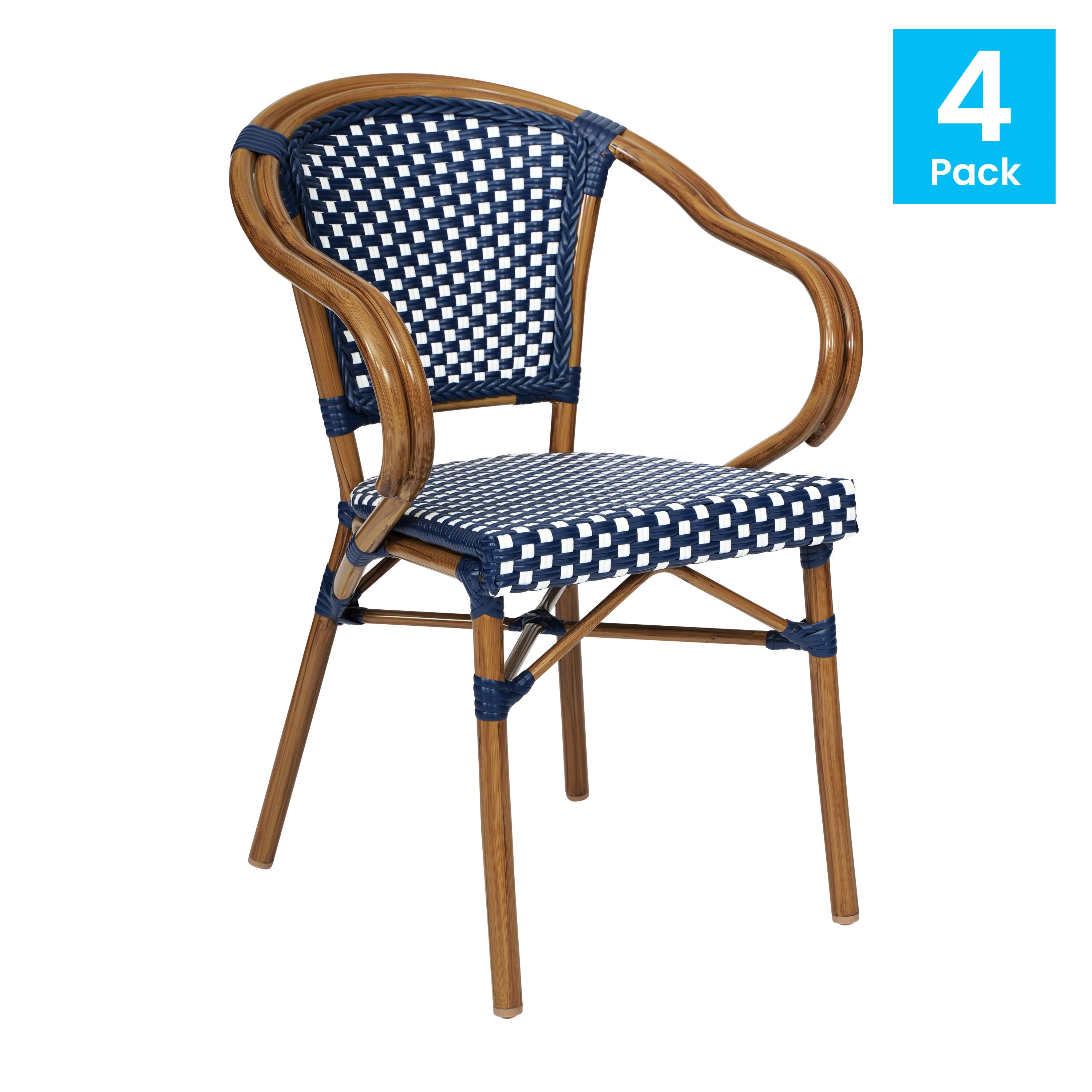 Alt View 1. Emma + Oliver - 4 Pack Stacking Bistro Chair with Metal Frame & PE Seat - Navy & White/Natural Frame.