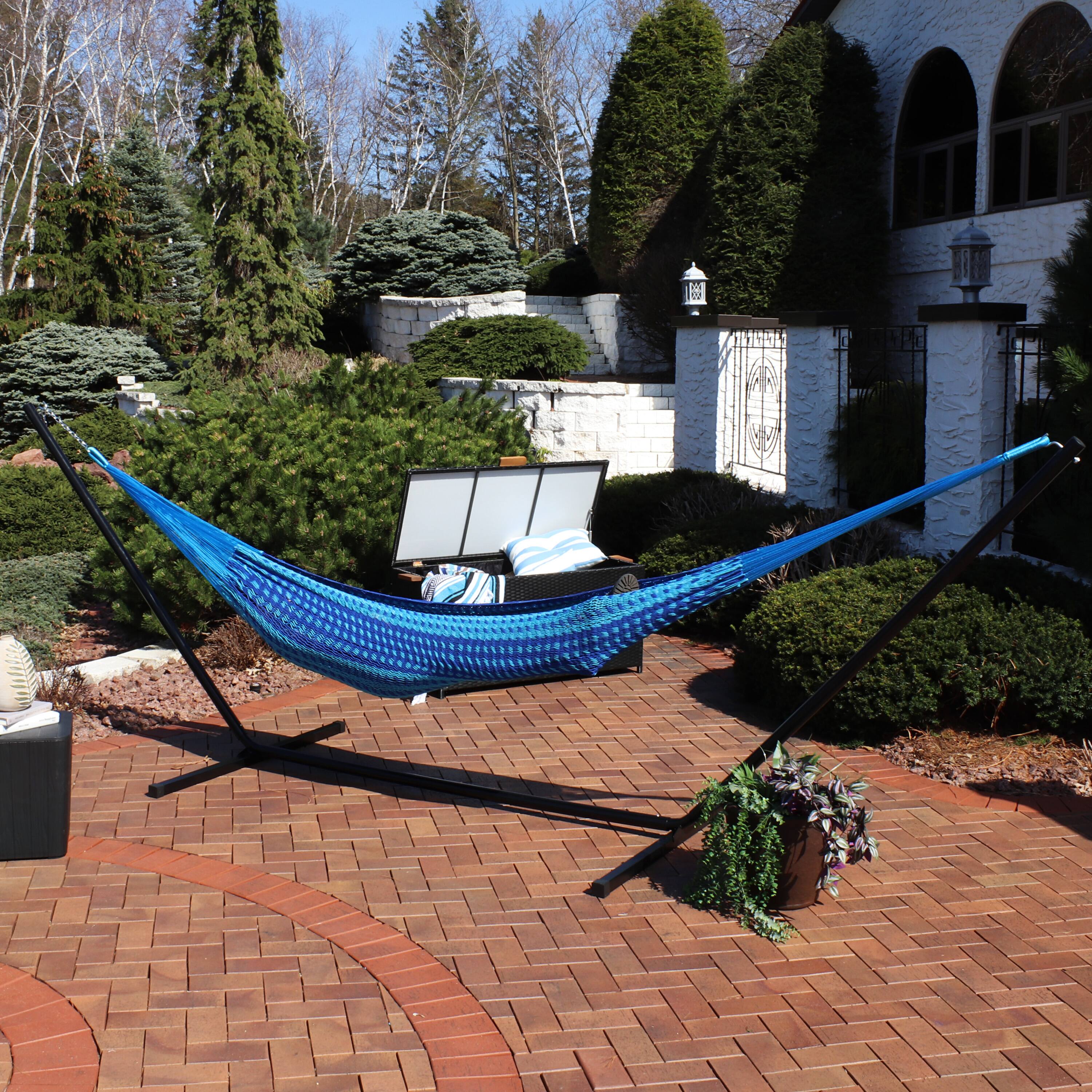 Alt View 3. Sunnydaze - 2-Person Woven Cotton/Nylon Hammock with Steel Stand - Blue.