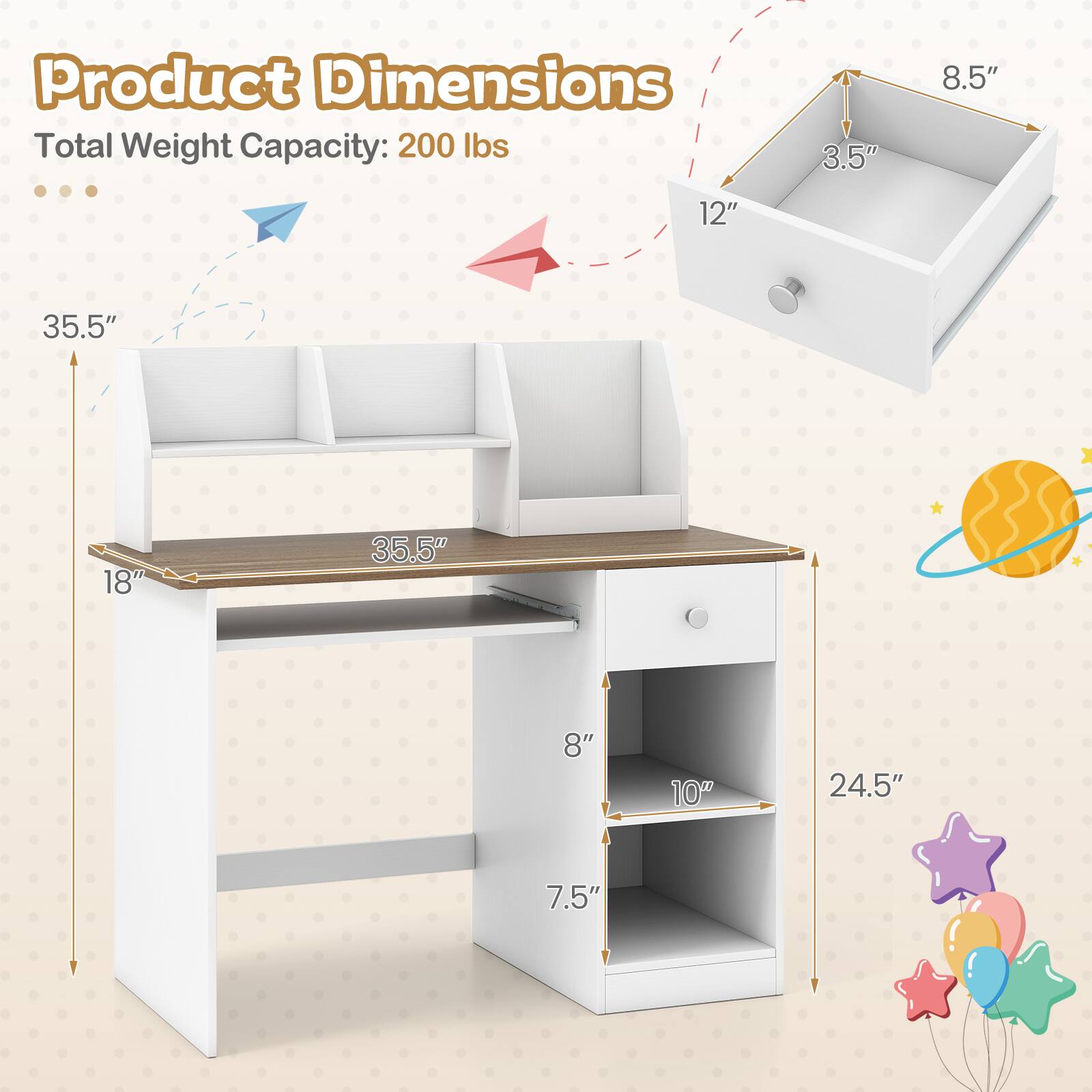 Product Dimensions  
Total Weight Capacity: 200 lbs  

- 35.5" (height)  
- 18" (width)  
- 35.5" (depth)  
- 8.5" (drawer height)  
- 12" (drawer width)  
- 3.5" (drawer depth)  
- 24.5" (side shelf height)  
- 10" (side shelf width)  
- 7.5" (side shelf depth)