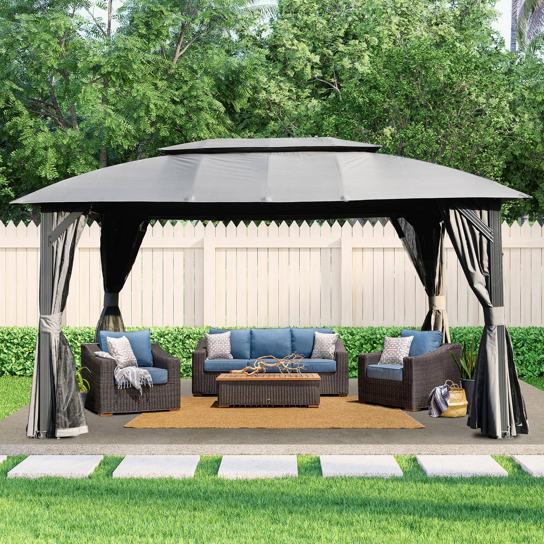 Alt View 1. Boyel Living - Outdoor Double Roof Gazebo with Curtains and Mosquito Netting Heavy Duty Metal Frame - Gray.