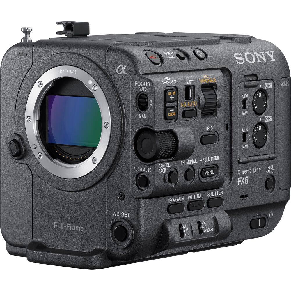 E-mount HOLD REC SONY a NO NO VARIABLE FOCUS PRESET 4K CH-1 AUTO ND ON ND ON I A + AUTO ND AUTO O $ CLEAR MAN MAN 1 CH-2 IRIS AUTO g MAN -FULL MENU CANCEL/ THUMBNAIL PUSH AUTO BACK MENU BAL SHUTTER ISO/GAIN WHT SLOT Cinema Line SELECT FX6 Full-Frame WB SET 8 - M + . AA PRESET