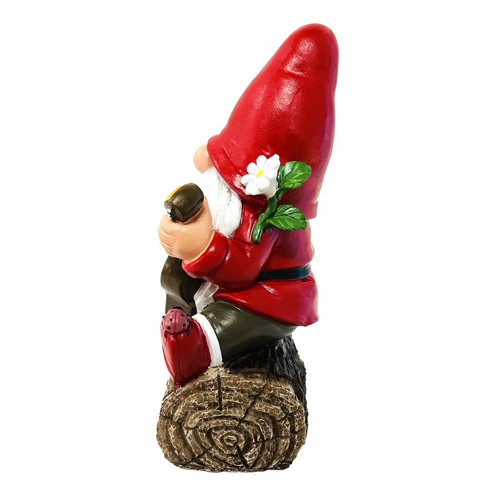 Back. OrnamentallyYou - Hippy Gnome with Guitar Garden Statue, Unique Flowers and Peace Sign - Red.