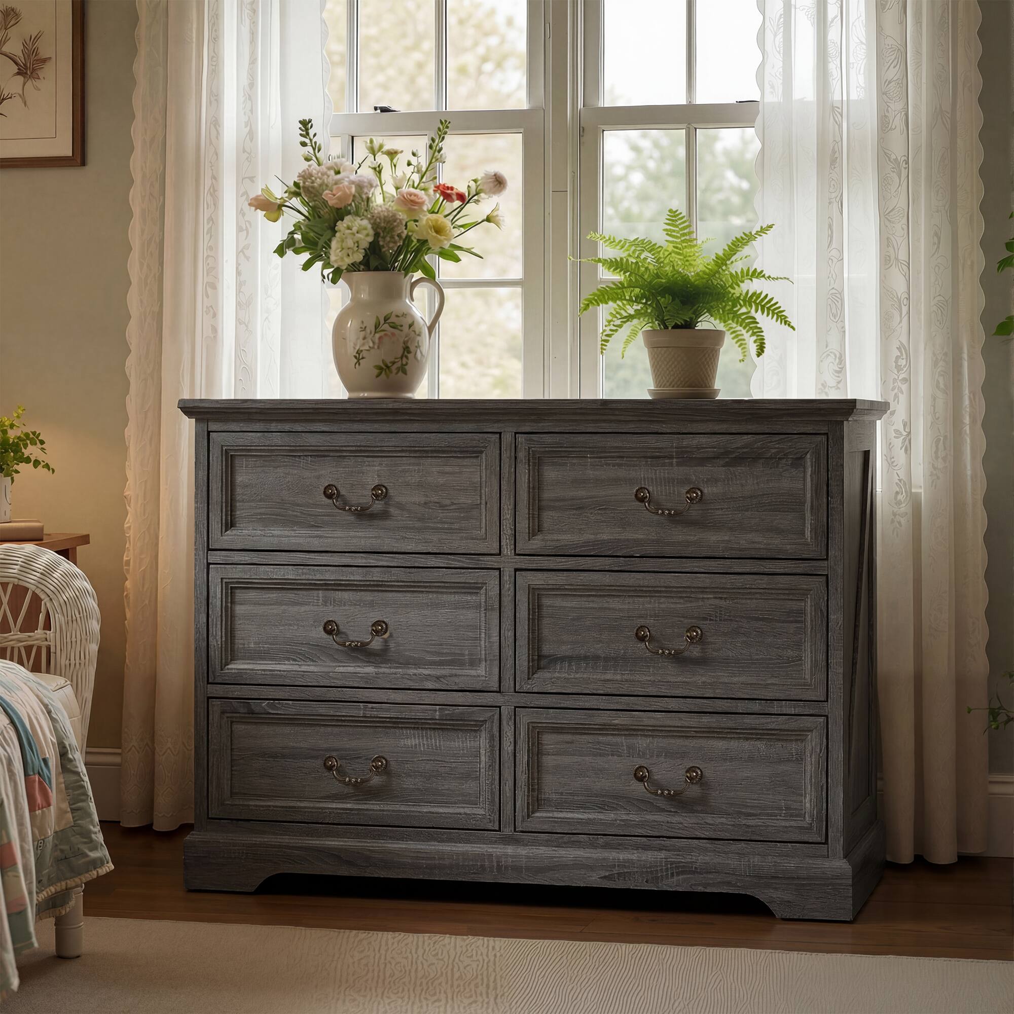 Alt View 2. FUFU & GAGA - Vintage 6-Drawer Dresser - Farmhouse Style Storage Chest with Bronze Hardware for Bedroom, Living Room, Entryway - Distressed gray.