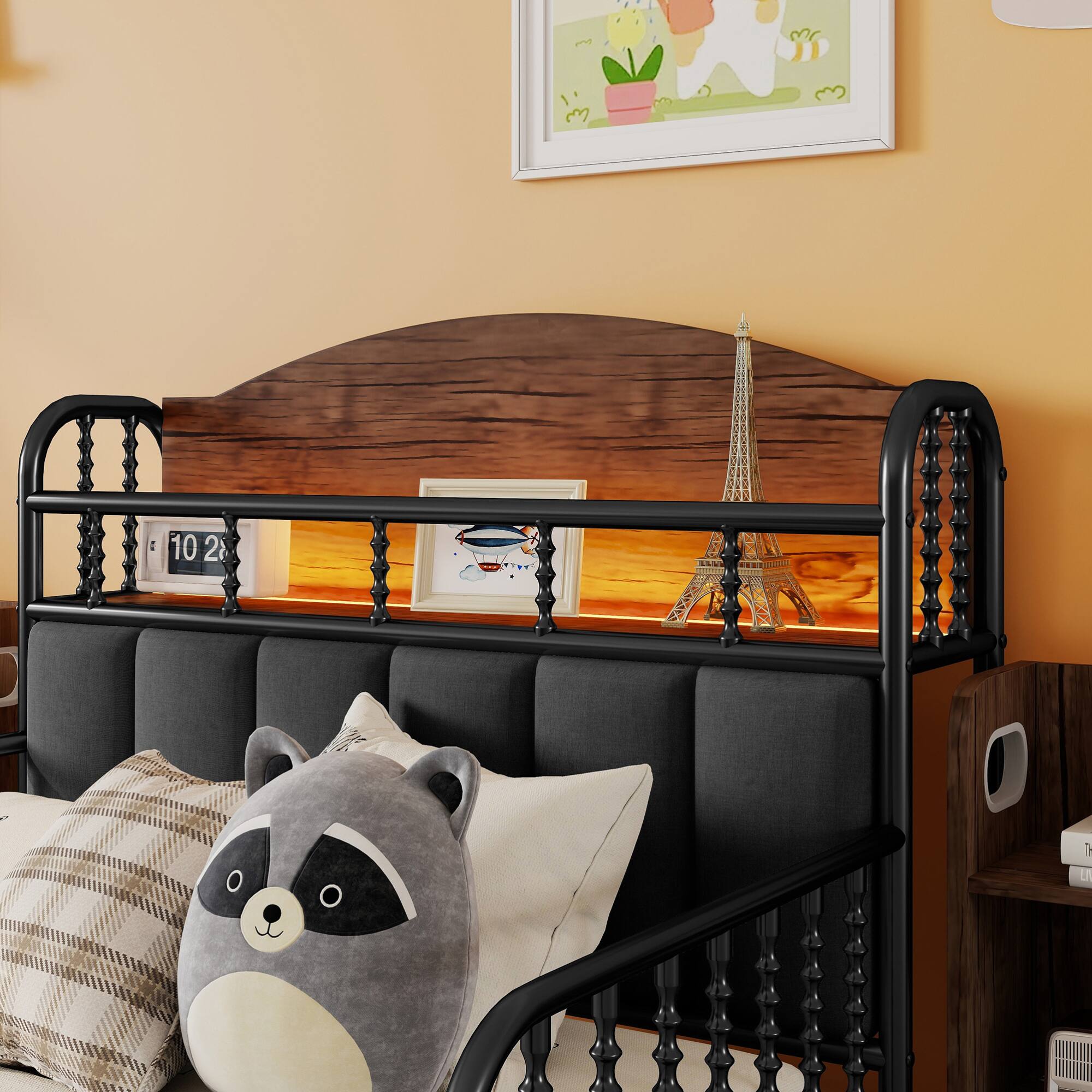 Alt View 1. GOODSILO - Twin Size Metal Platform Bed Frame with LED Lights and Pull-Out Storage Shelves for Kids - Black.