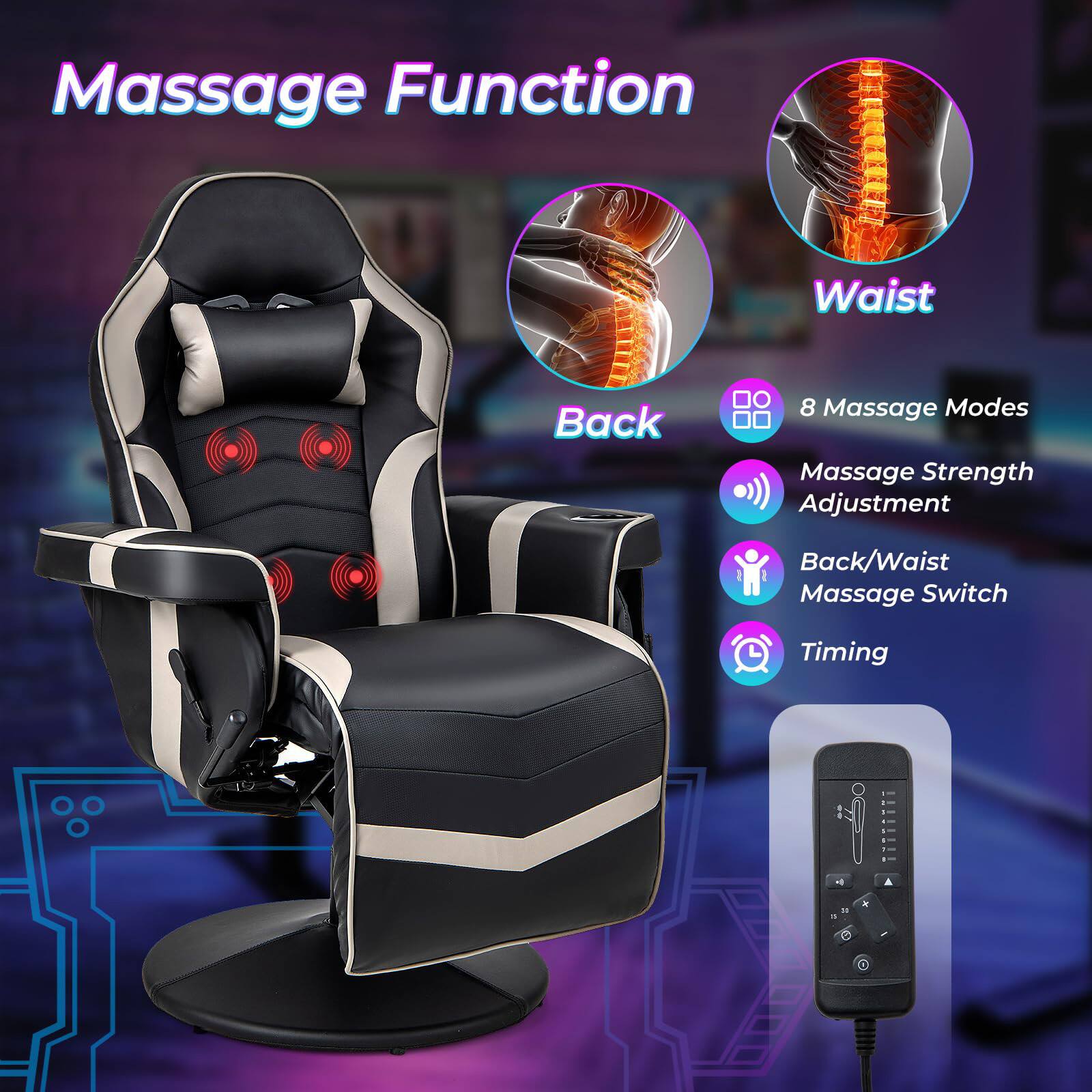 Massage Function: This chair has a built-in massage function, providing various massage modes to help relax and rejuvenate the user.

Waist: The chair is designed to provide massage to the waist area, offering a comfortable and targeted massage experience.

Back: The chair also offers massage for the back, providing relief from tension and promoting relaxation.

8 Massage Modes: The chair has eight different massage modes, each with its own unique intensity and focus, catering to different preferences and needs.

Massage Strength Adjustment: The chair allows users to adjust the massage strength, ensuring a customized and comfortable experience.

Back/Waist Massage Switch: The chair features a switch to easily switch between back and waist massage, providing versatility and convenience.

Timing: The massage function can be set to a specific duration, allowing users to control the length of their massage experience.