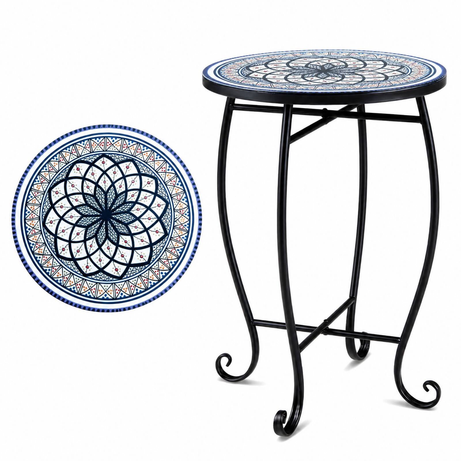 Front. Costway - Costway 14 Inch Mosaic Patio Side Table Metal Accent End Table Plant Stand for Porch Garden - White & Black.