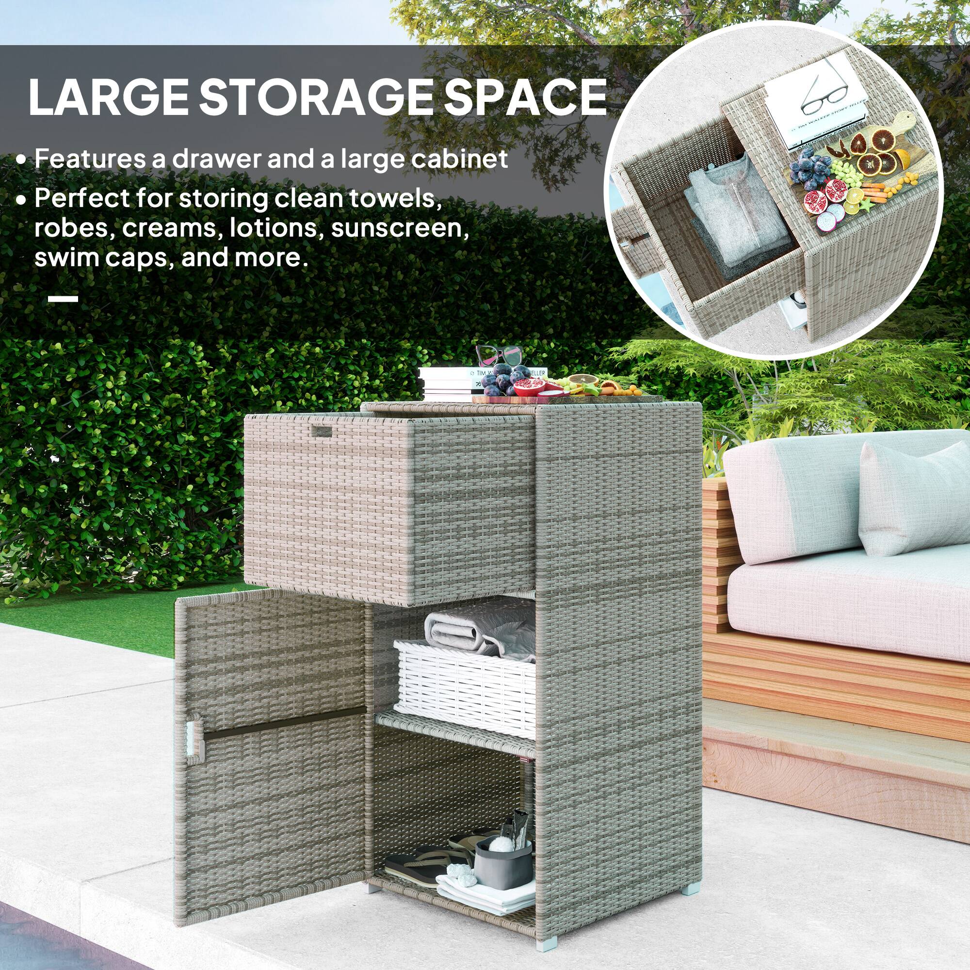 LARGE STORAGE SPACE

Features a drawer and a large cabinet
Perfect for storing clean towels, robes, creams, lotions, sunscreen, swim caps, and more.