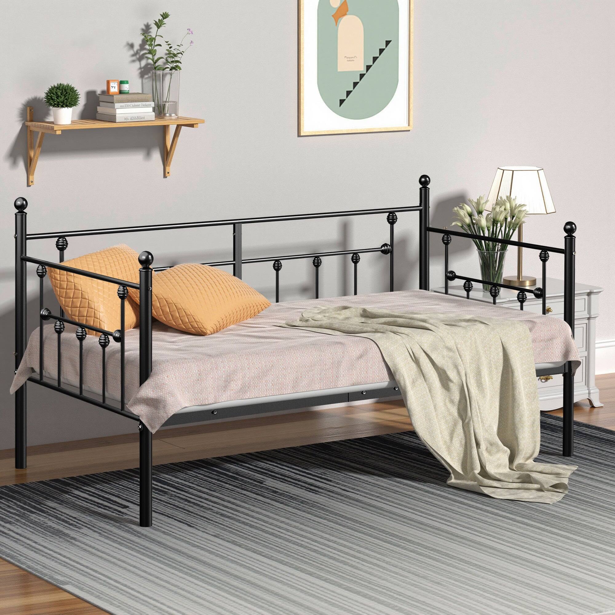 Left. Vecelo - Metal Twin Size Daybed Frame with Slats, Headboard & 12.6" Storage Space for Bedroom Guest Room or Living Room - Black.