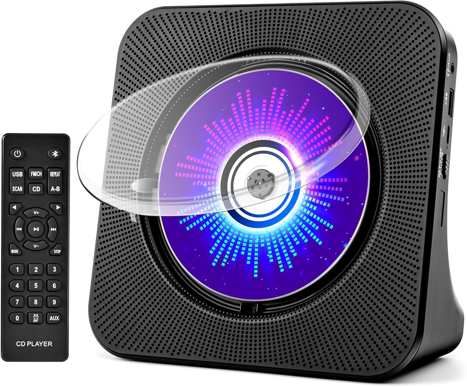 Sure, here is the corrected and grouped text from the image:

**Remote Control:**
- USB
- FM/CH
- REPEAT
- SCAN
- CD
- A-B
- V+
- V-
- STOP
- 1
- 2
- 3
- 4
- 5
- 6
- 7
- 8
- 9
- 0
- AUX
- CD PLAYER

**Device:**
- AUX
- USB
- FM/CH
- REPEAT
- SCAN
- CD
- A-B
- V+
- V-
- STOP
- 1
- 2
- 3
- 4
- 5
- 6
- 7
- 8
- 9
- 0
- AUX
- CD PLAYER