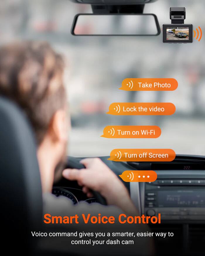 OI :)) Take Photo :)) Lock the video :)) Turn on Wi-Fi :)) Turn off Screen :)) ... 222 Smart Voice Control Voico command gives you a smarter, easier way to control your dash cam