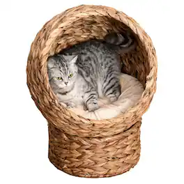 PULUZ - Handwoven Elevated Cat Bed with Soft Cushion & Egg Chair Shape, Basket Bed Kitty House with Stand, Raised Wicker House f - Light Brown