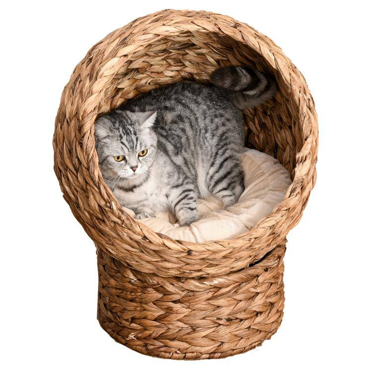 Front. PULUZ - Handwoven Elevated Cat Bed with Soft Cushion & Egg Chair Shape, Basket Bed Kitty House with Stand, Raised Wicker House f - Light Brown.
