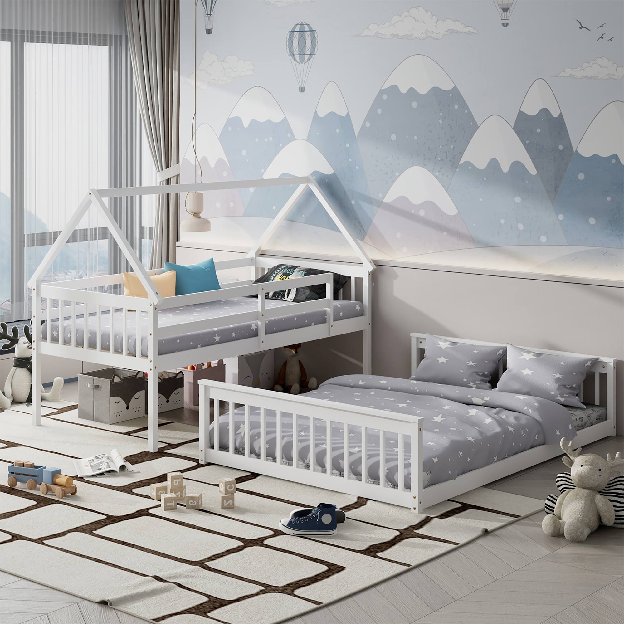 Alt View 3. Costway - Costway Twin Over Full House Bunk Bed with Ladder & Guardrails Convertible to 2 Beds - White.