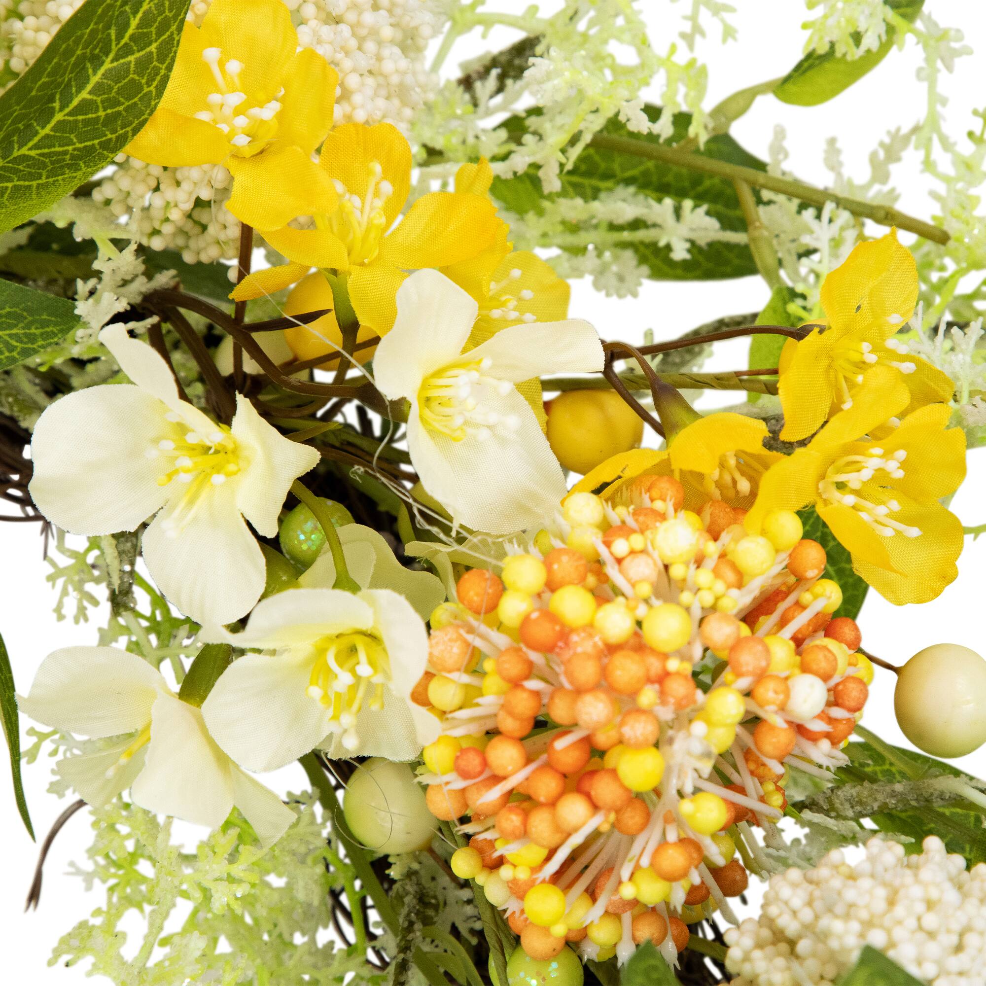 Alt View 3. Northlight - Wild Flower, Berry and Statice Floral Spring Wreath - 26" - Yellow and Orange - Yellow.