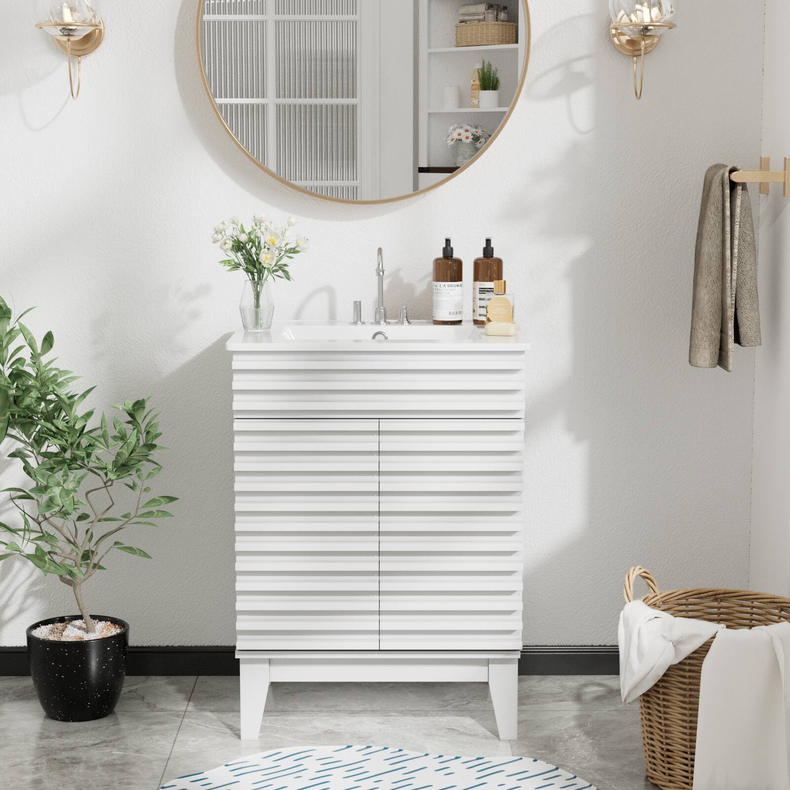 Front. LOVMOR - LOVMOR 24-in W White Freestanding Bathroom Vanity with Undermount Ceramic Sink and 2-Level Storage - White.
