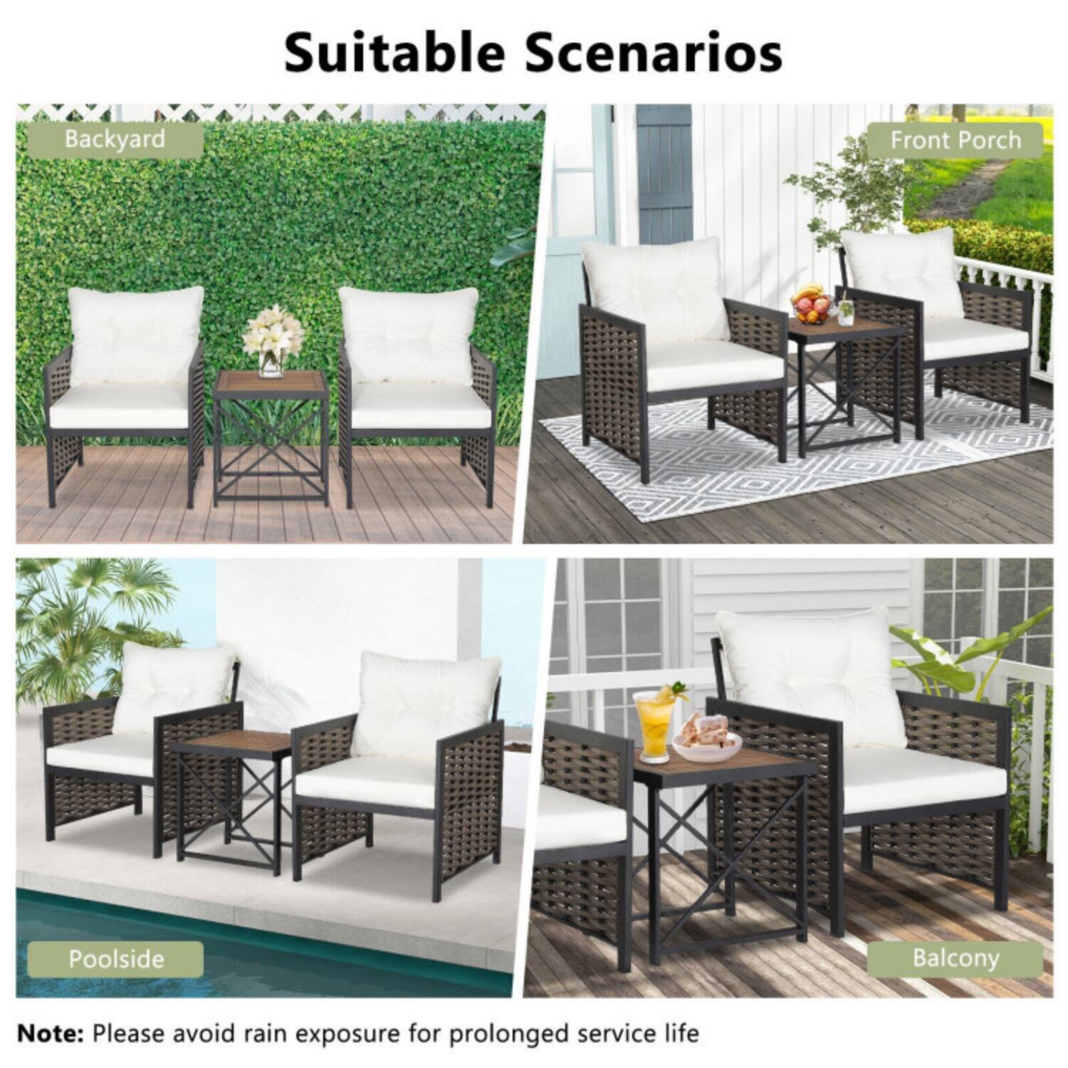 Suitable Scenarios

- Backyard
- Front Porch
- Poolside
- Balcony

Note: Please avoid rain exposure for prolonged service life