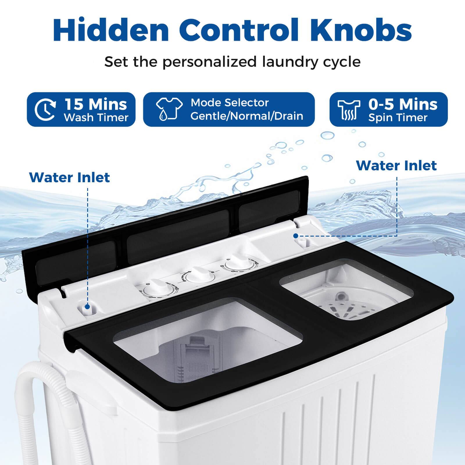 Hidden Control Knobs  
Set the personalized laundry cycle  

- 15 Mins Wash Timer  
- Mode Selector Gentle/Normal/Drain  
- 0-5 Mins Spin Timer  

Water Inlet  
Water Inlet