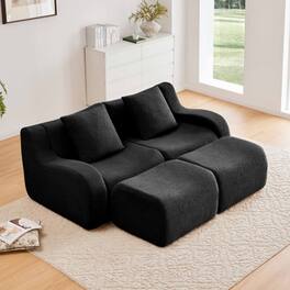 Aukfa - Modular Teddy Fabric Sofa - 2-Seat Sectional with 2 Ottomans, Soft Boneless Design for Living Room - Black