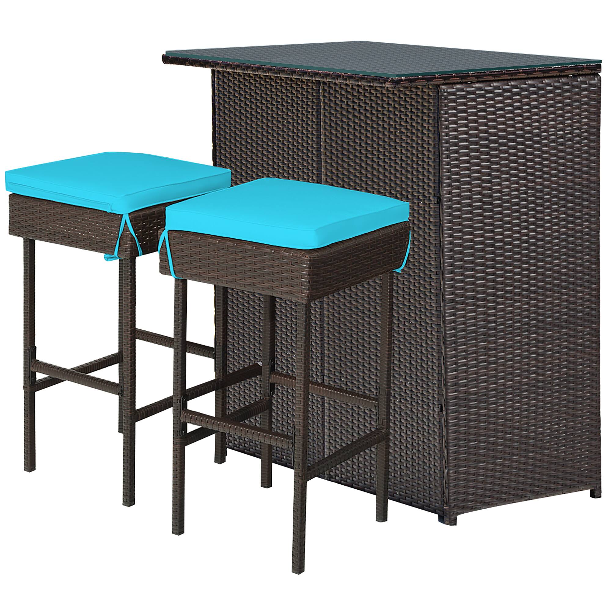 Angle. Costway - 3PCS Patio Rattan Wicker Bar Table Stools Dining Set Cushioned Chairs - Mixed Brown/turquoise.