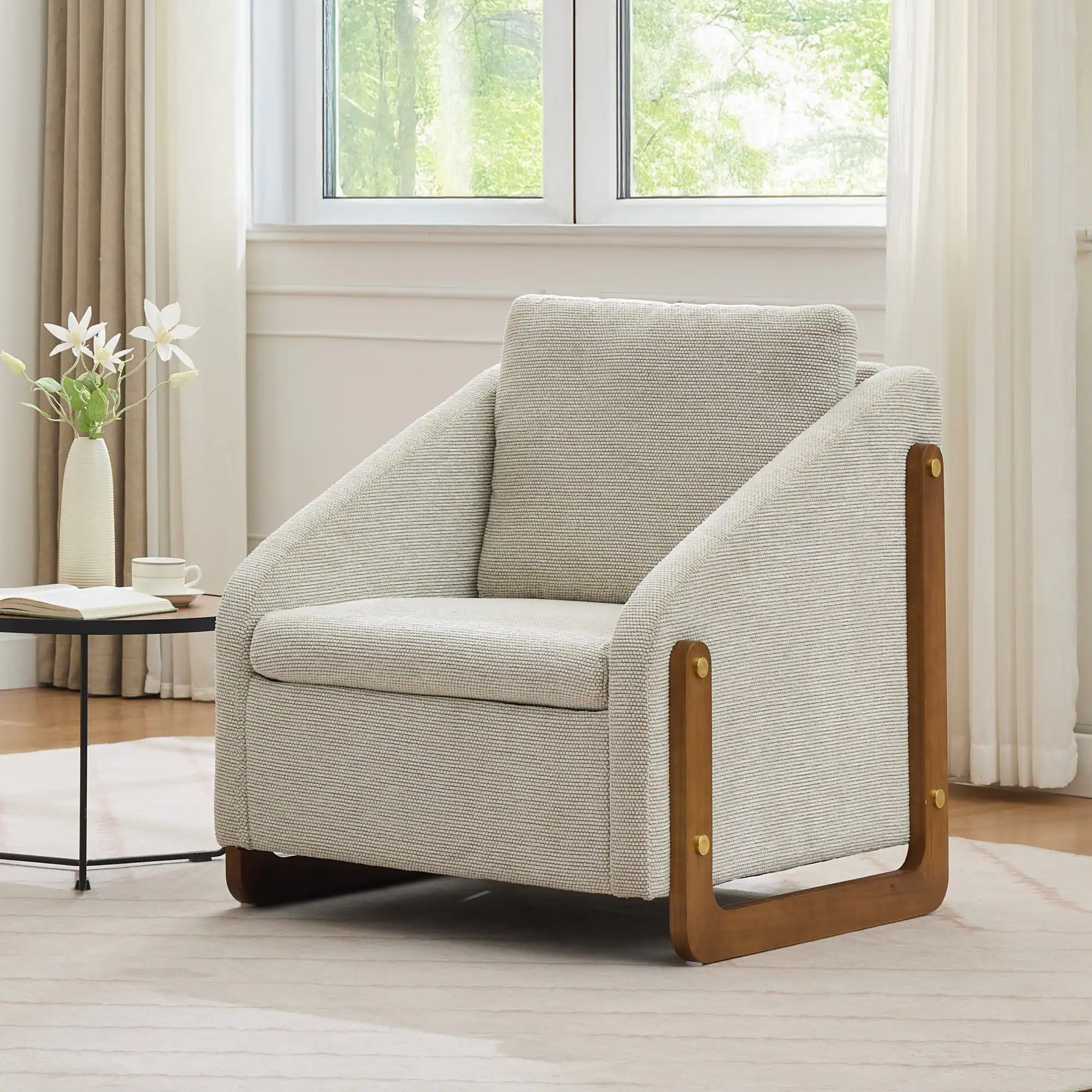 Alt View 6. GOODSILO - Modern Upholstered Armchair with Wooden Side Frame and Cushioned Seat for Living Room or Bedroom - Beige.
