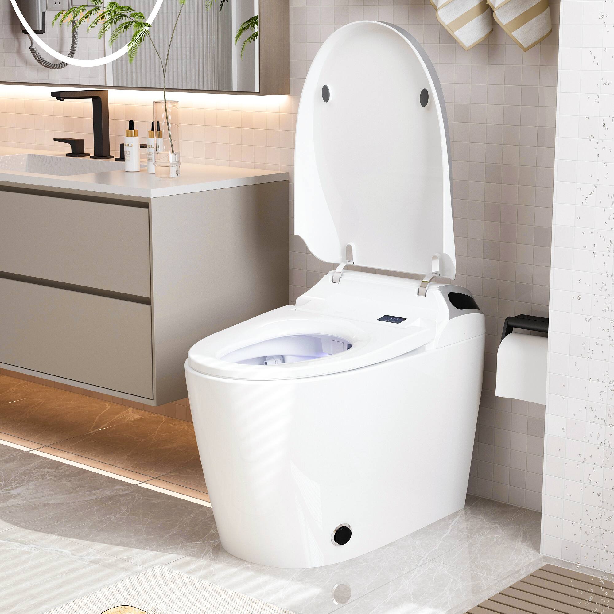 Left. Famapy - Smart Bidet Toilet with Heated Seat, 110V One-Piece Toilet with Auto Flush, Warm Air Dryer & 305mm Rough-In - White.