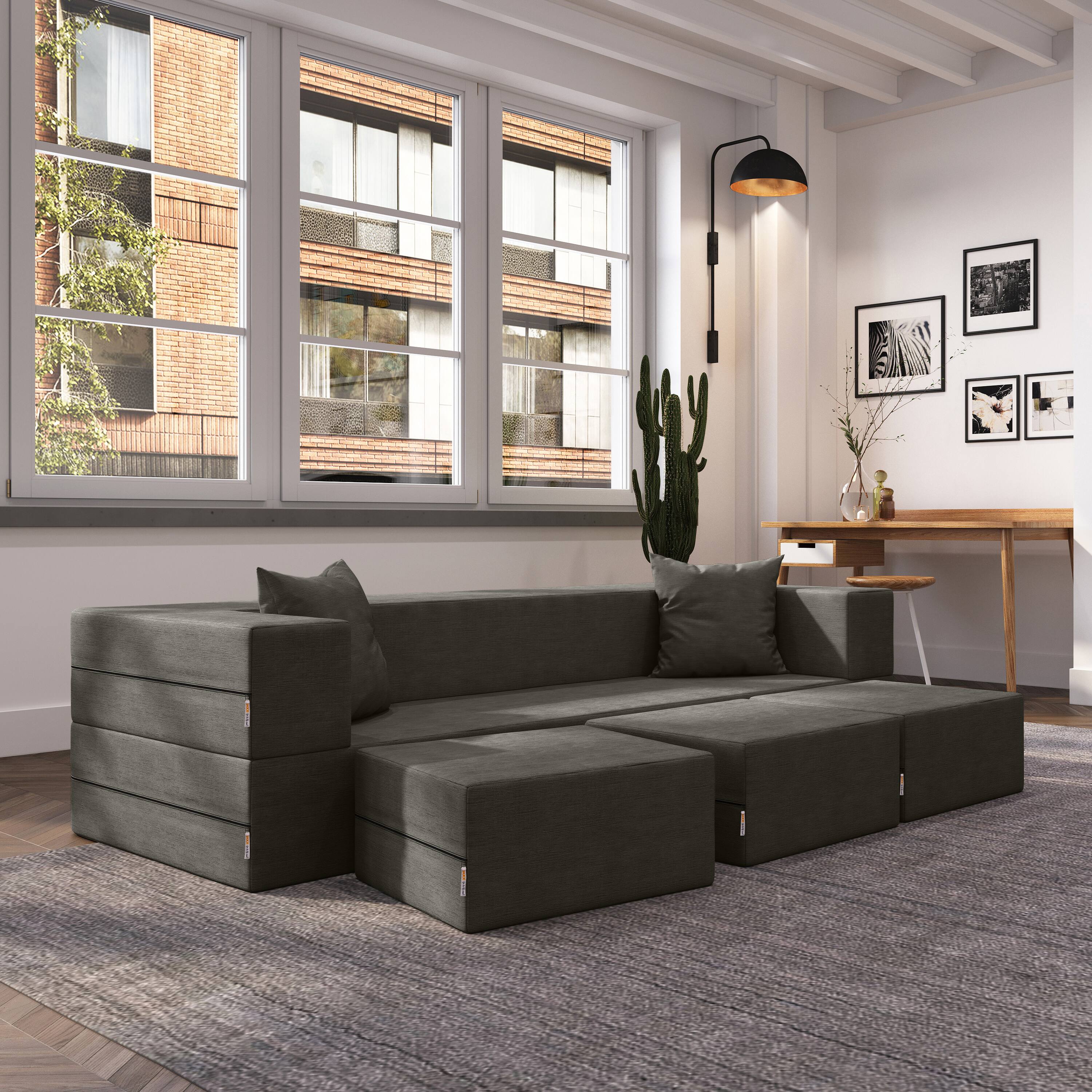 Left. Jaxx - Jaxx Zipline Convertible Sleeper Sofa & Three Ottomans/California King-Size Bed, Textured Microvelvet - Charcoal - Charcoal.