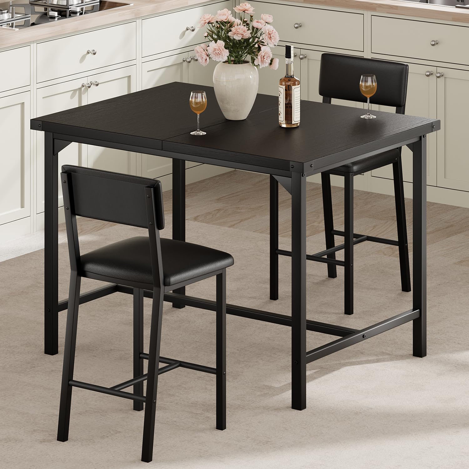 Front. Babevy - 3 Piece Dining Table Set for 2 with Footrest & Backrest, Counter Height Table with 2 Upholstered Bar Stools - Black.