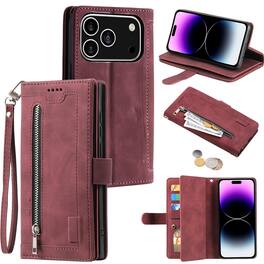 UUCOVER - Wallet Case for Apple iPhone 17 Pro with Card Cash Slots, Zipper Pocket and Wrist Strap, Magnetic Flip Kickstand Cover - Winered