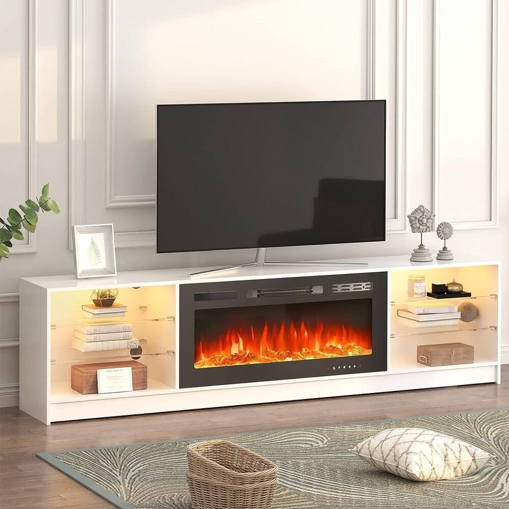 Left. U-HOMY - 79" Fireplace TV Stand with 40" Electric Fireplace Insert, Entertainment Center with Glass Shelves & LED Lights - White.