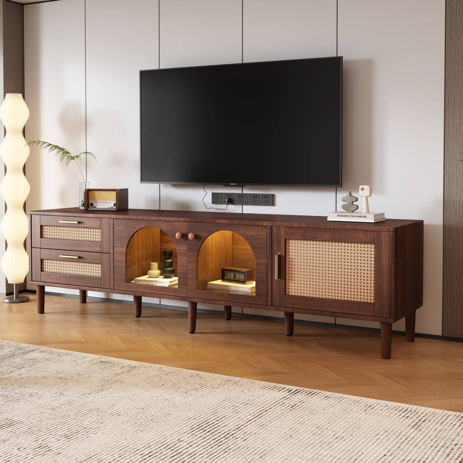 Alt View 1. Ecooso - Rattan TV Stand with 3 Cabinets & 2 Drawers, TVs up to 80'', LED Light， Entertainment Center, TV cabinet for Living room - Dark Brown.