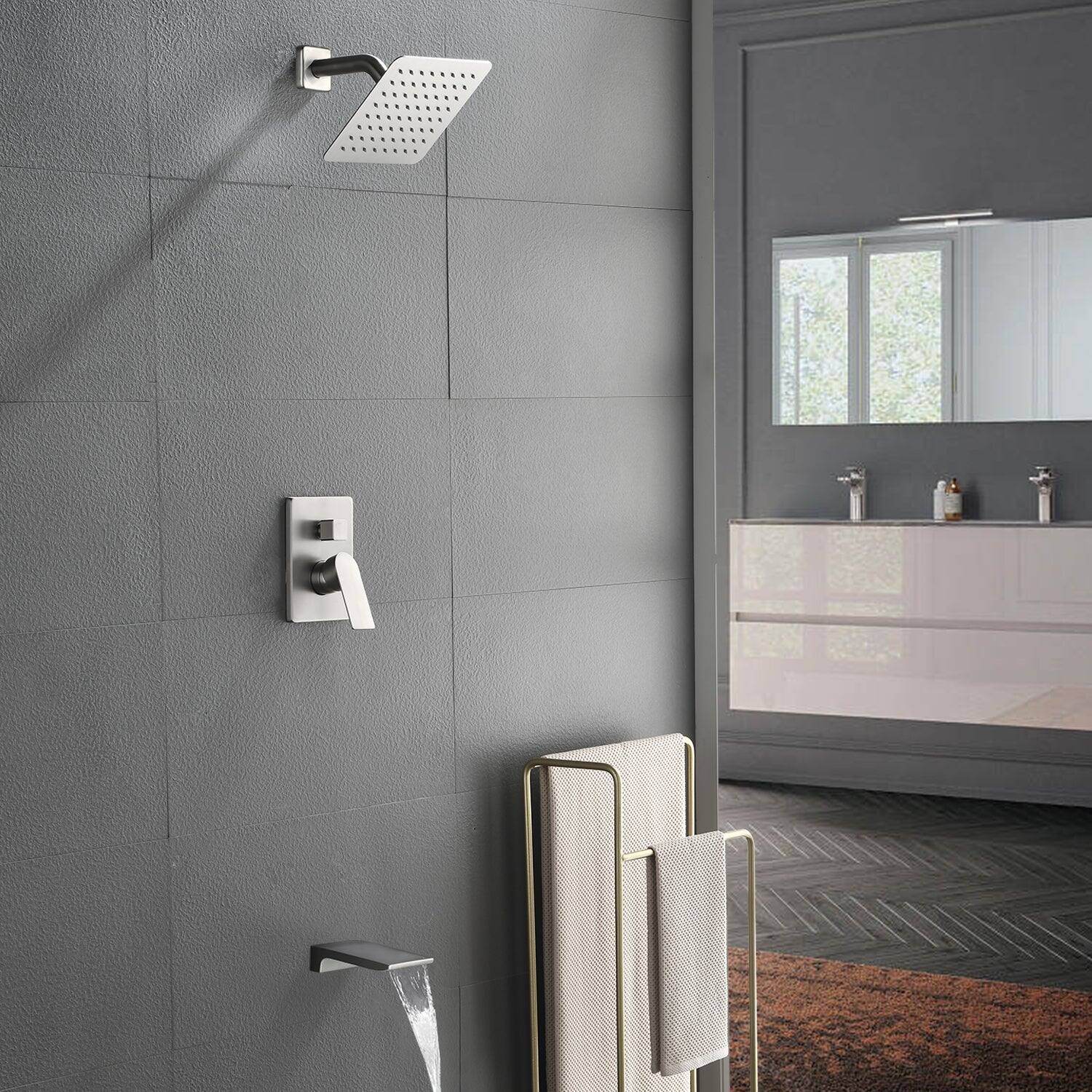 Alt View 2. Boyel Living - Brushed Nickel 2-Function Brass Pressure Balance Valve 8 Inch SUS304 Top Spray Waterfall Spout Dual Water Outlet - Brushed Nickel.