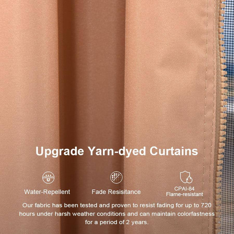 Upgrade Yarn-dyed Curtains

- Water-Repellent
- Fade Resistance
- CPAI-84 Flame-resistant

Our fabric has been tested and proven to resist fading for up to 720 hours under harsh weather conditions and can maintain colorfastness for a period of 2 years.