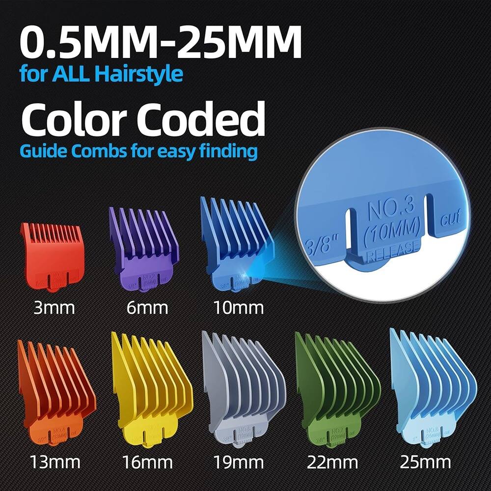 0.5MM-25MM for ALL Hairstyle  
Color Coded  
Guide Combs for easy finding  

3mm  
6mm  
10mm  
13mm  
16mm  
19mm  
22mm  
25mm  

NO.3 (10MM)  
RELEASE  
cut