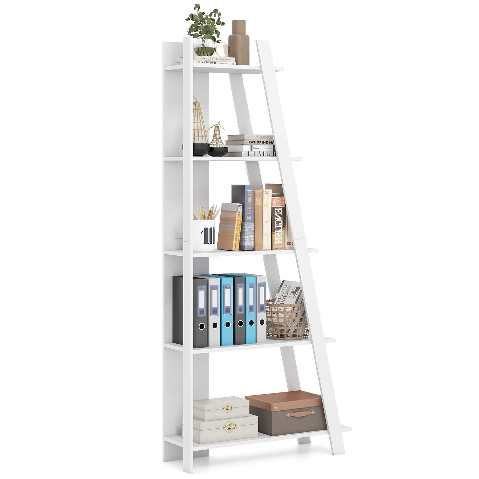Gymax - 5-Tier Modern Bookshelf Wooden Vertical Display Book Shelf for Small Space - White